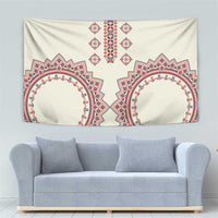 Beige woven tapestry with red and navy ornamental frames and floral-style border