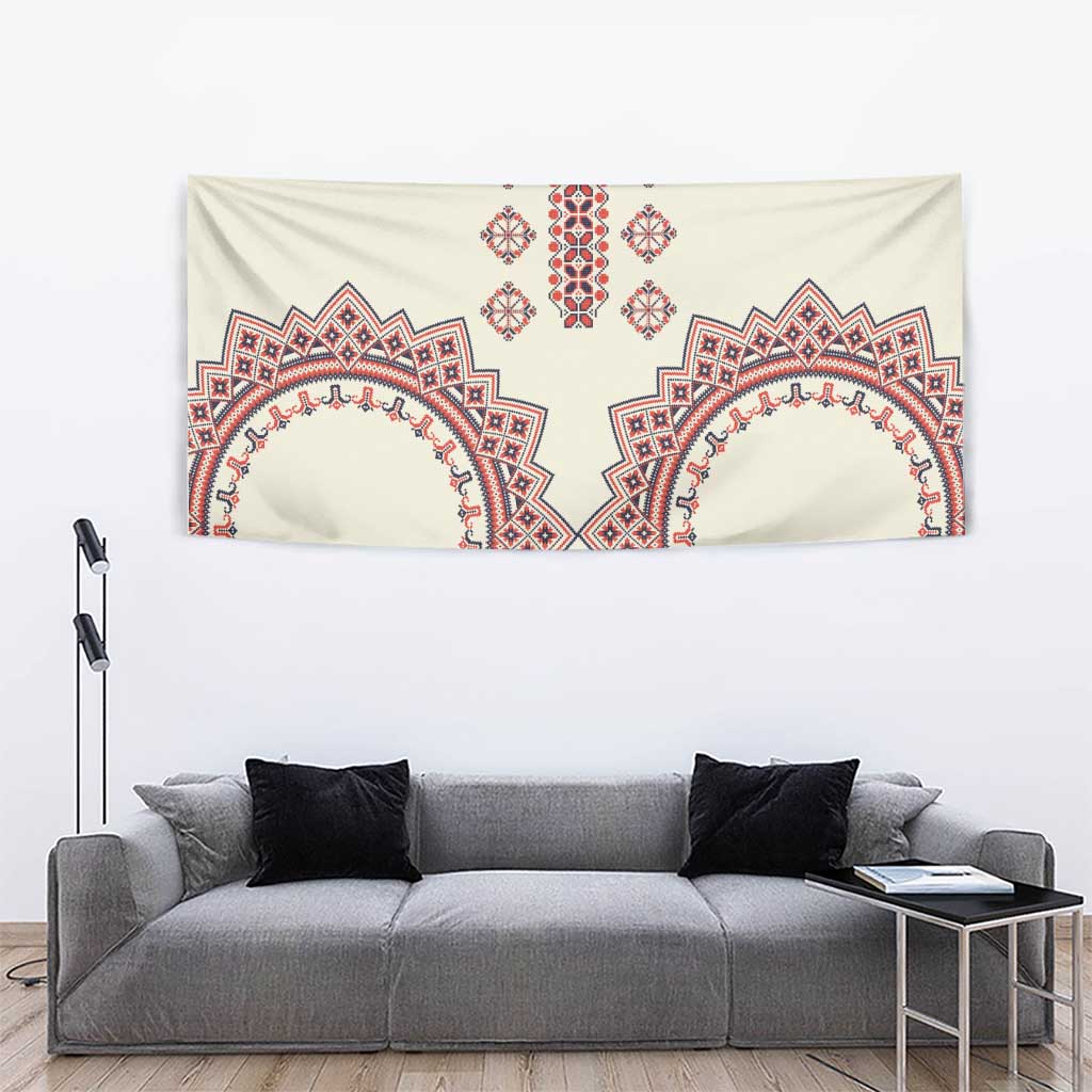 Beige tapestry wall hanging with two red and navy circular motifs and central vertical pattern