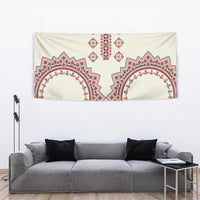 Beige tapestry wall hanging with two red and navy circular motifs and central vertical pattern