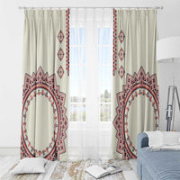 Beige window curtain set with symmetrical red-and-blue circular medallion panels