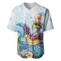 Light blue tropical baseball jersey with flamingo and plumeria floral graphic, V-neck