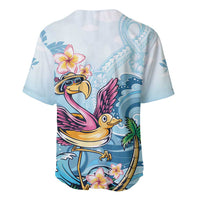 Light blue baseball jersey with large flamingo illustration and plumeria flowers, V-neck