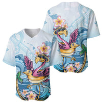 Light blue tropical baseball jersey showing front and back flamingo with plumeria flowers