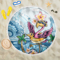 Blue round beach blanket with pink flamingo, tropical flowers and white fringe, 150cm