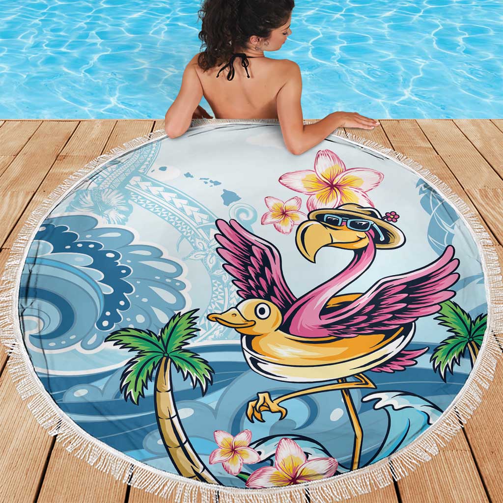Blue circular beach blanket featuring cartoon flamingo with sunglasses and white fringe, 150cm