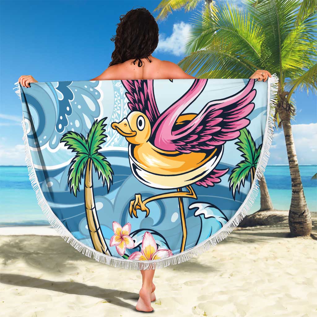 Blue flamingo tropical beach blanket, round with white fringe border, 150cm