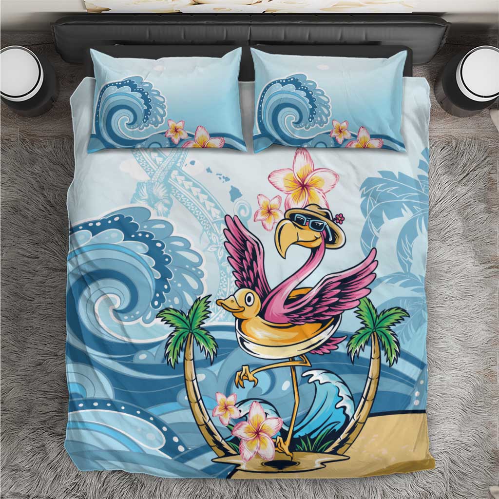 Blue tropical flamingo bedding set with wave and plumeria prints, two pillow cases
