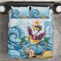 Blue tropical flamingo bedding set with wave and plumeria prints, two pillow cases