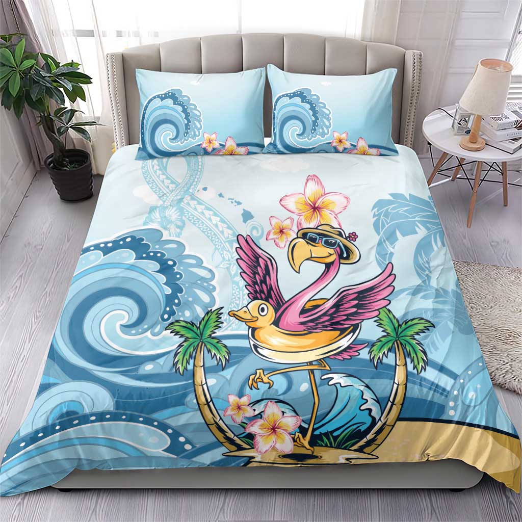 Blue flamingo bedding set with tropical flower and wave pattern, neatly styled on bed