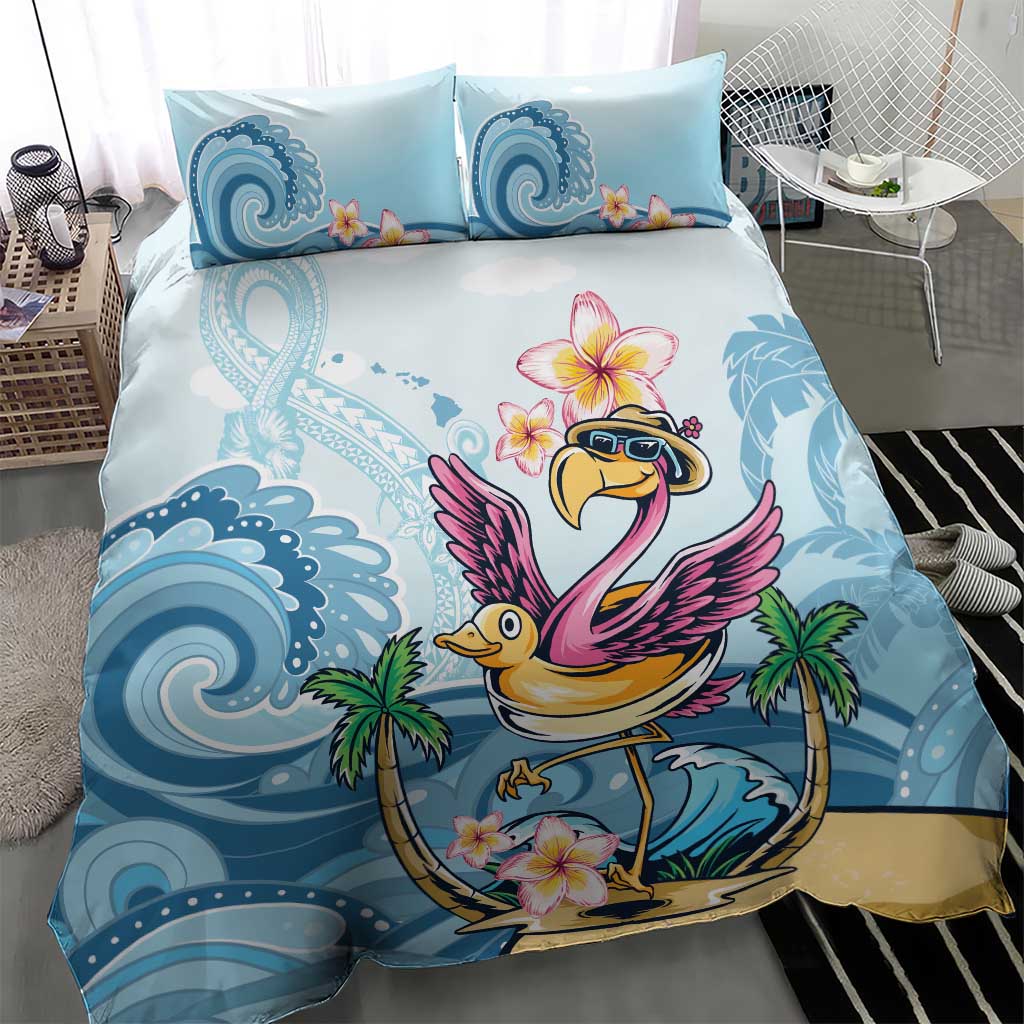 Blue tropical flamingo duvet and pillow cases with plumeria and wave prints