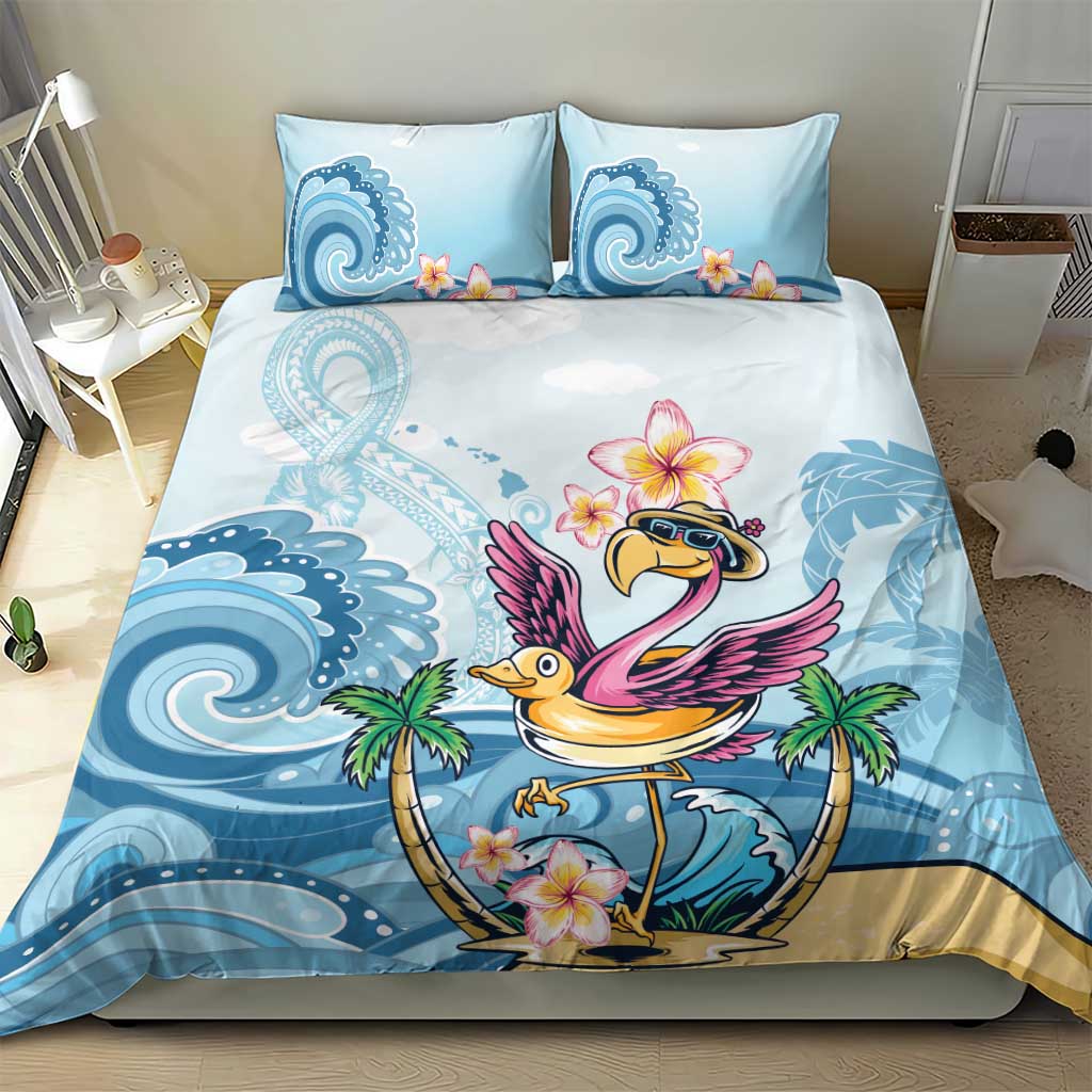 Blue flamingo bedding set featuring plumeria flowers, waves, and palm leaves
