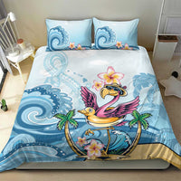 Blue flamingo bedding set featuring plumeria flowers, waves, and palm leaves
