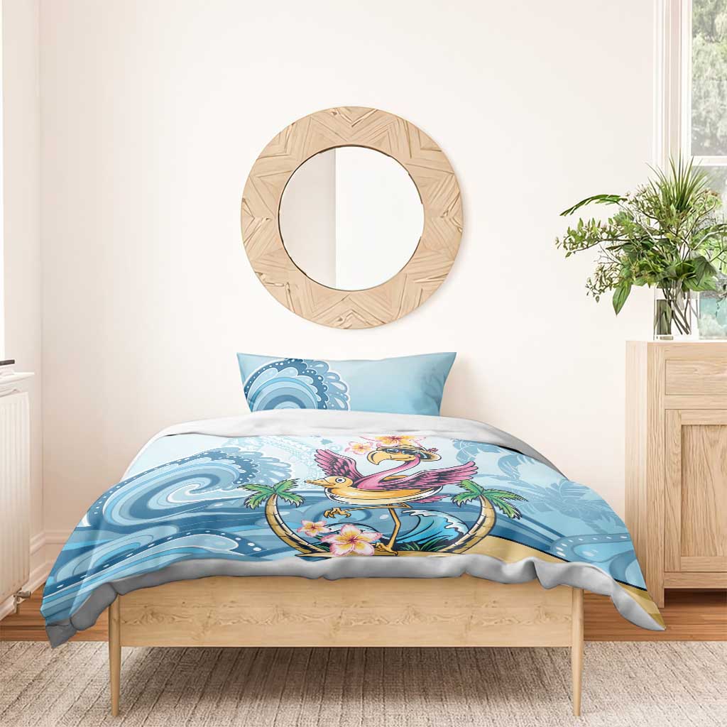 Blue tropical flamingo duvet with plumeria and wave graphics and matching pillow case