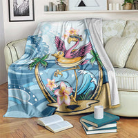 Blue tropical blanket with flamingo and plumeria flowers, gold wave details
