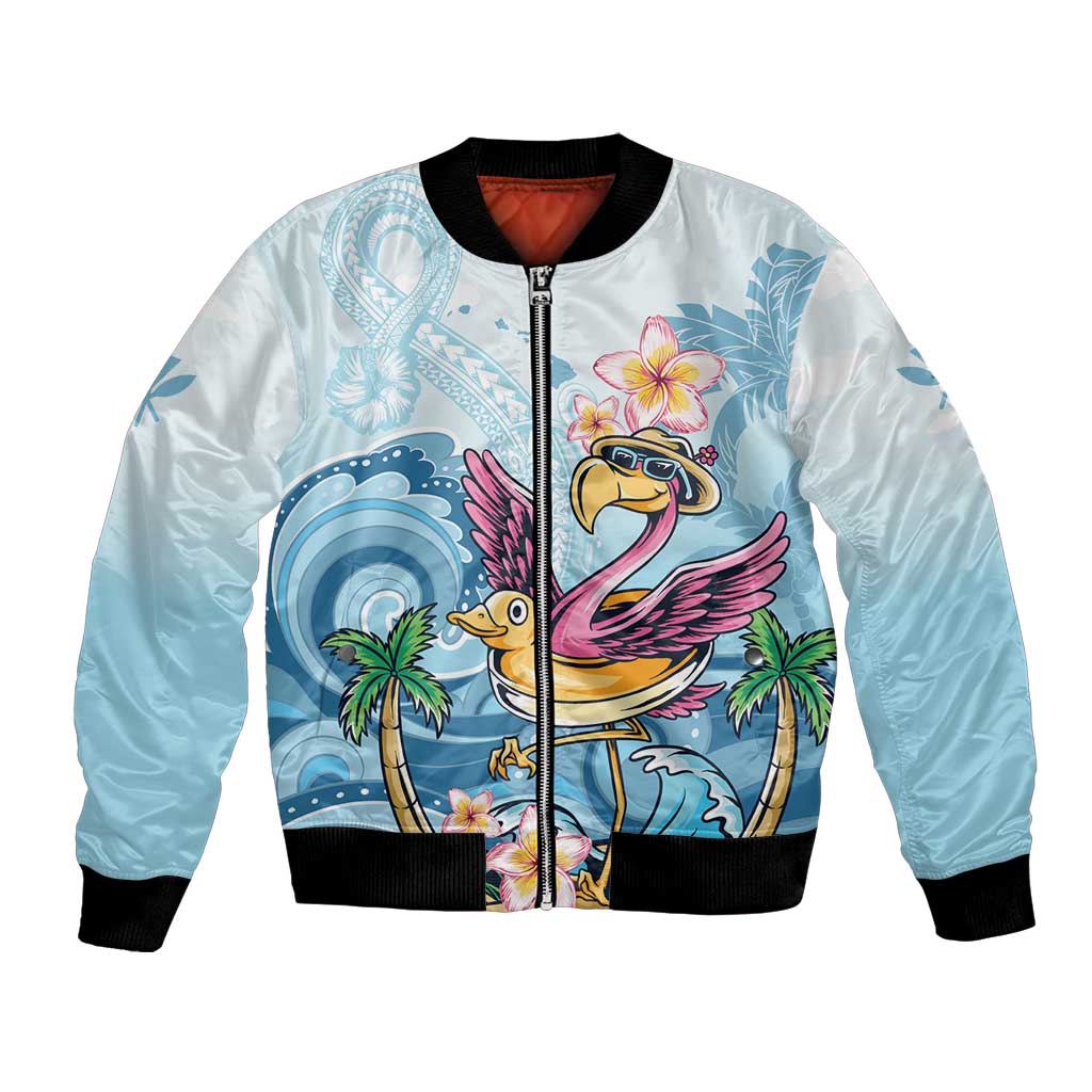 Blue bomber jacket with flamingo tropical graphic, front zipper, black ribbed collar