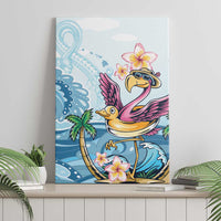 Blue tropical flamingo canvas wall art with plumeria flowers and beach scene