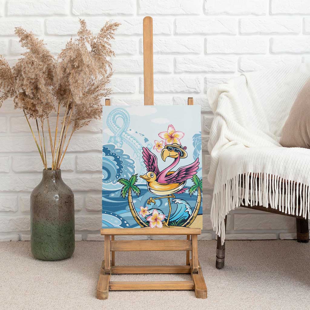 Tropical flamingo canvas wall art with plumeria flowers and palm on a display easel
