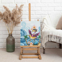 Tropical flamingo canvas wall art with plumeria flowers and palm on a display easel