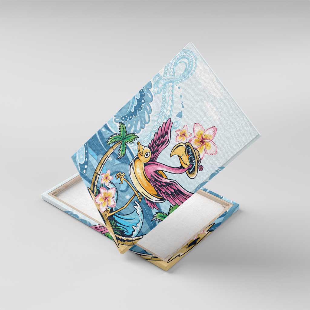 Blue tropical flamingo canvas wall art with plumeria flowers, tilted angled view