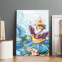 Blue tropical flamingo canvas wall art with plumeria flowers and sunglasses hat