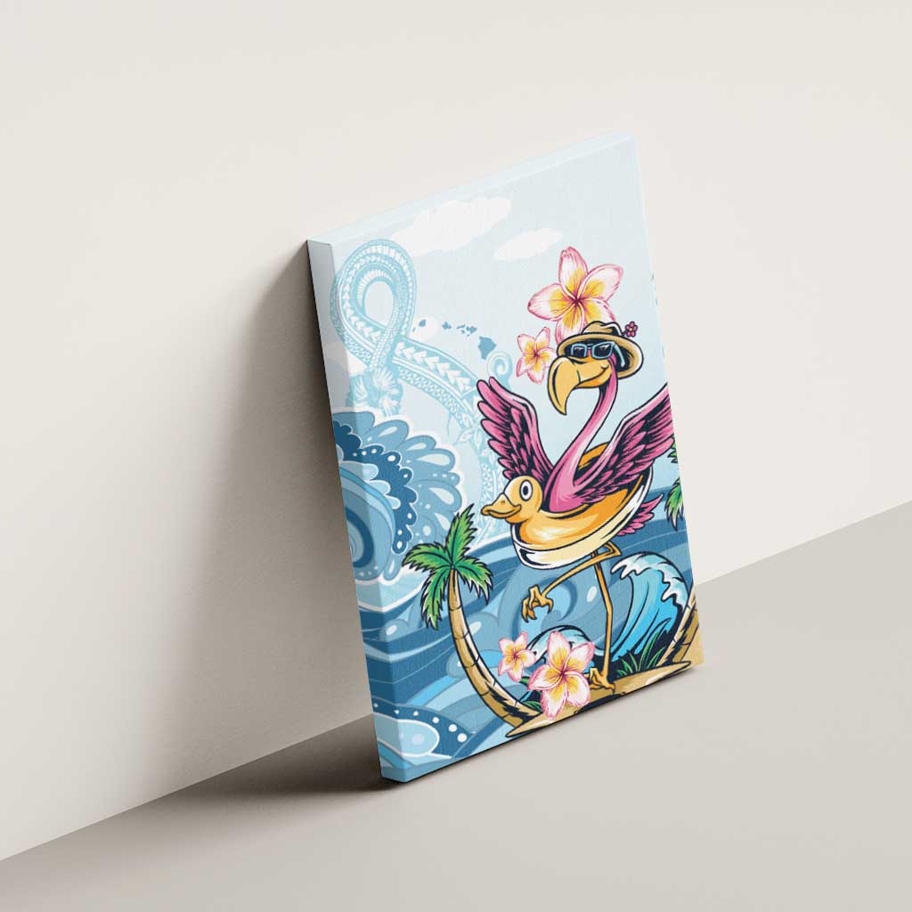 Blue tropical flamingo canvas wall art with plumeria flowers shown from the side
