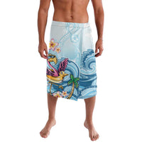 Blue tropical print casual shorts with flamingo, flowers, and wave pattern