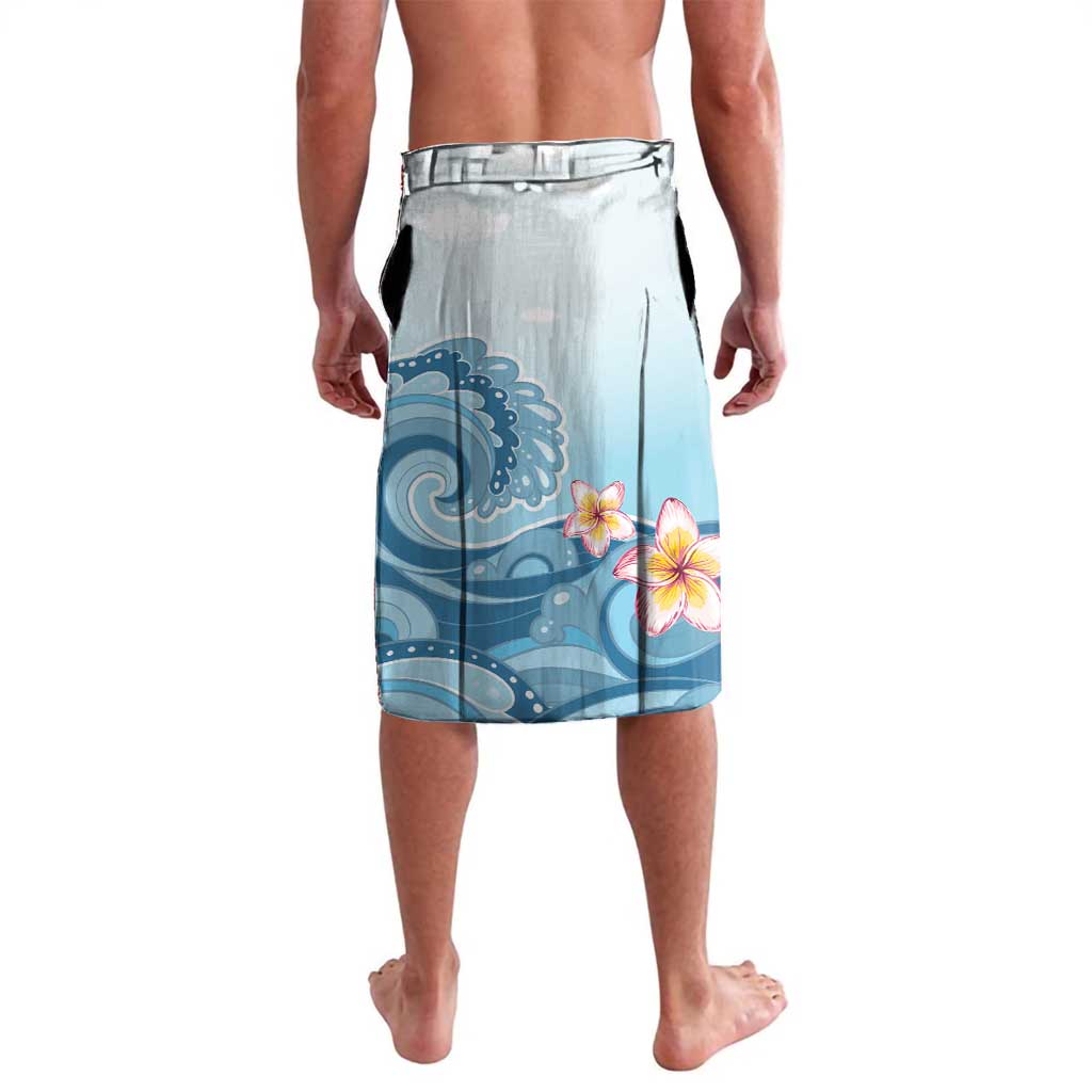Blue tropical print shorts, back view, with wave design and plumeria flowers