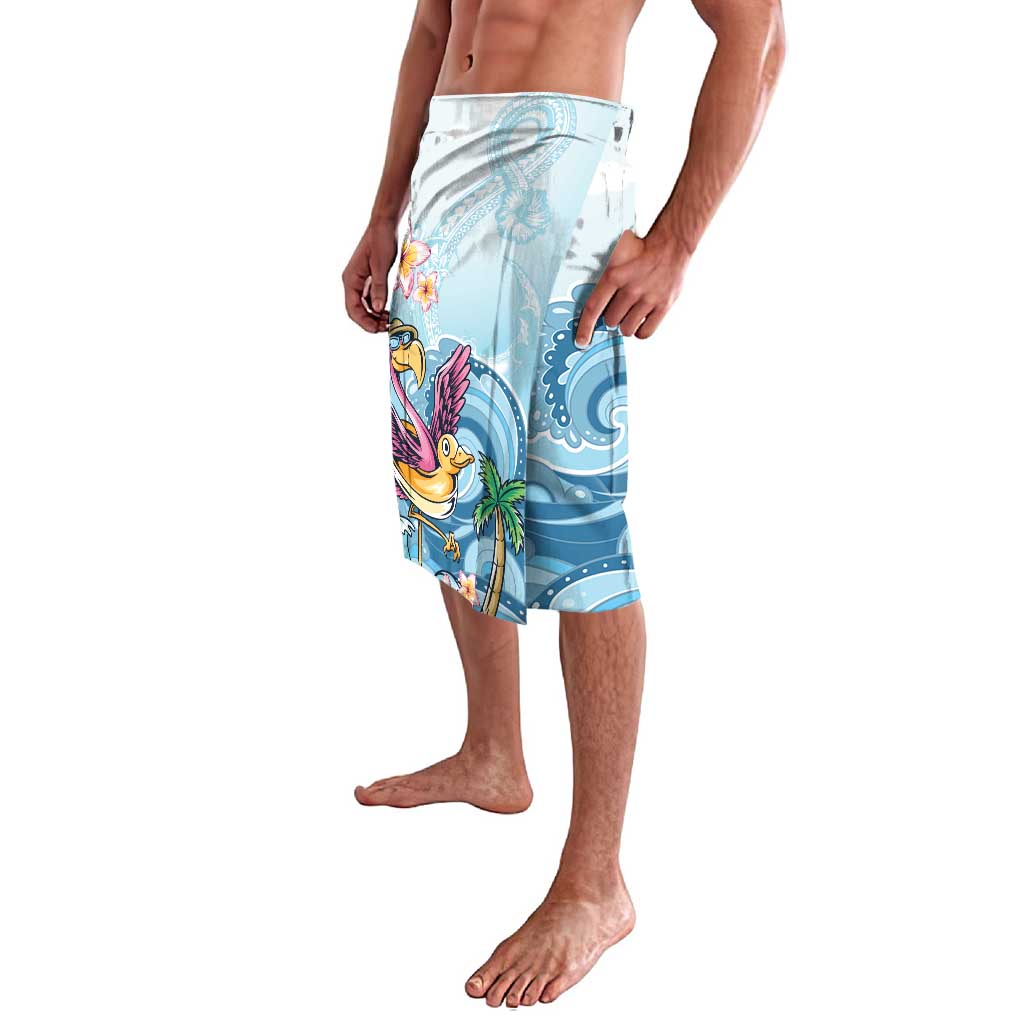 Blue tropical print shorts with flamingo and flowers, side view