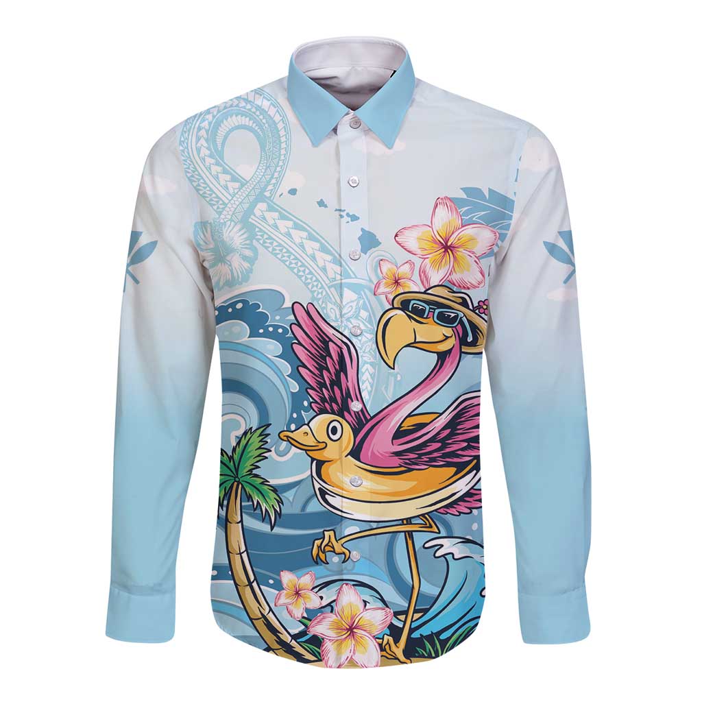 Light blue long sleeve button shirt with flamingo and plumeria tropical print