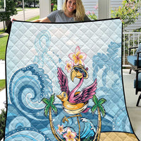 Blue tropical flamingo quilt with plumeria flowers and wave swirls