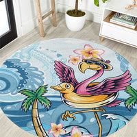 Blue round tropical beach carpet with pink flamingo and flowers, palm trees