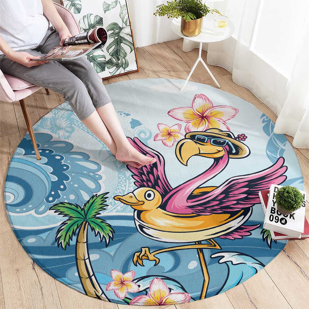 Blue round tropical carpet with two flamingo figures, yellow bird accents and flowers