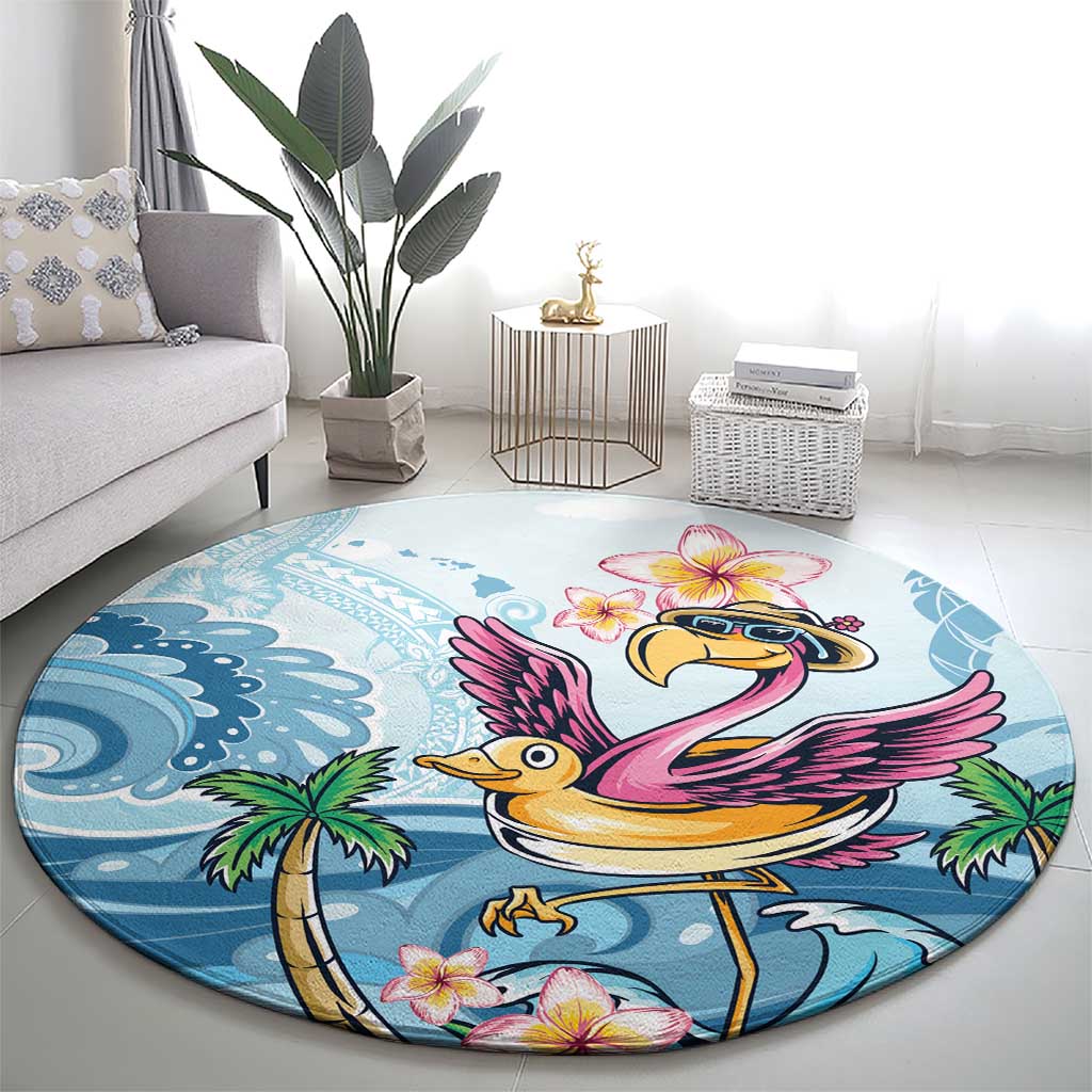Blue round tropical rug with flamingo illustration and pink plumeria-style flowers