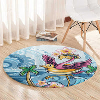 Blue round tropical carpet with central flamingo, pink and yellow flowers, palm accents
