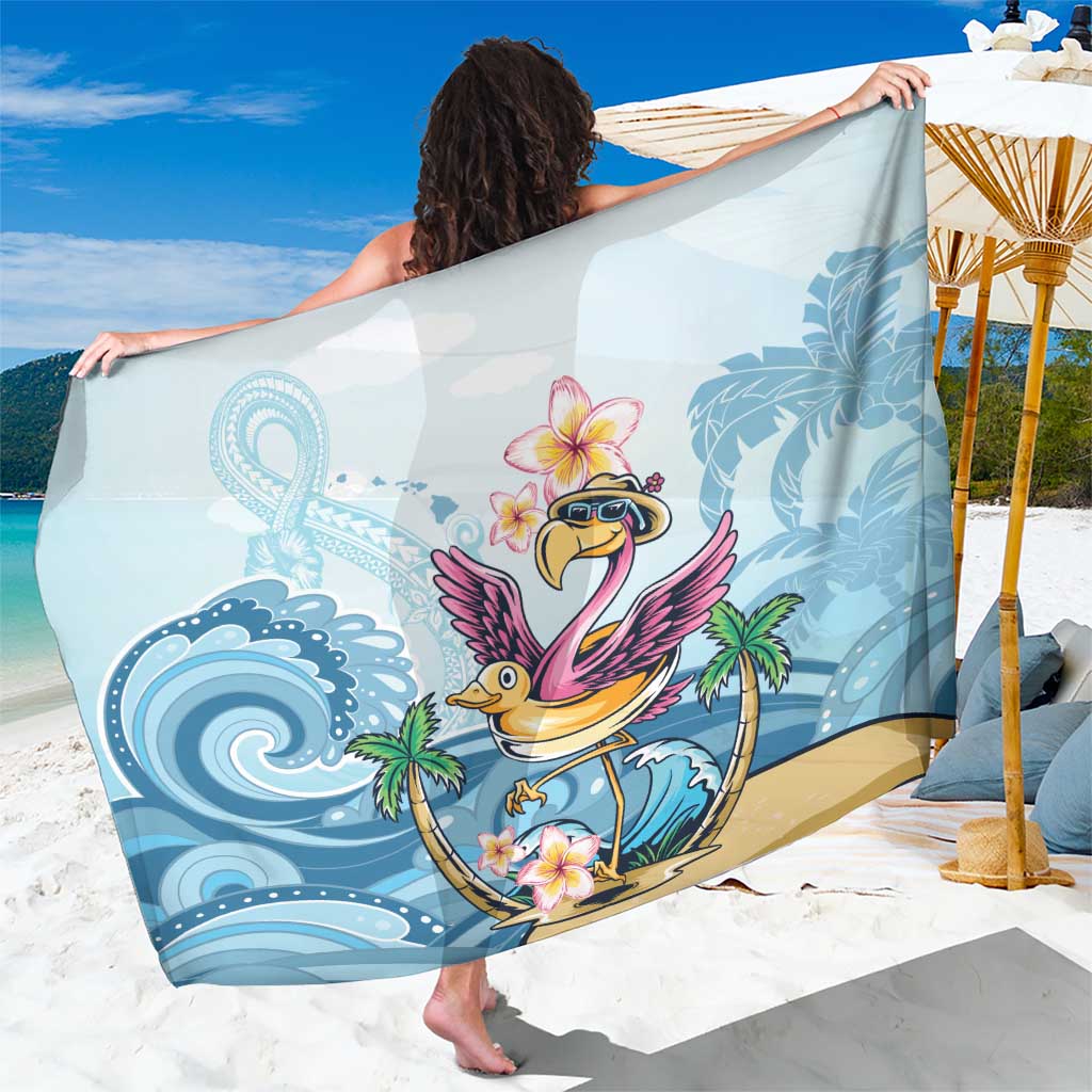 Blue tropical flamingo sarong with plumeria and palm leaves, draped cloth
