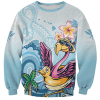 Light blue crewneck sweatshirt with pink flamingo tropical graphic and flowers