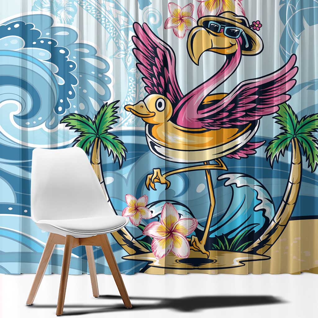 Blue tropical curtain close-up with pink flamingo, plumeria blooms, ocean swirls and palms