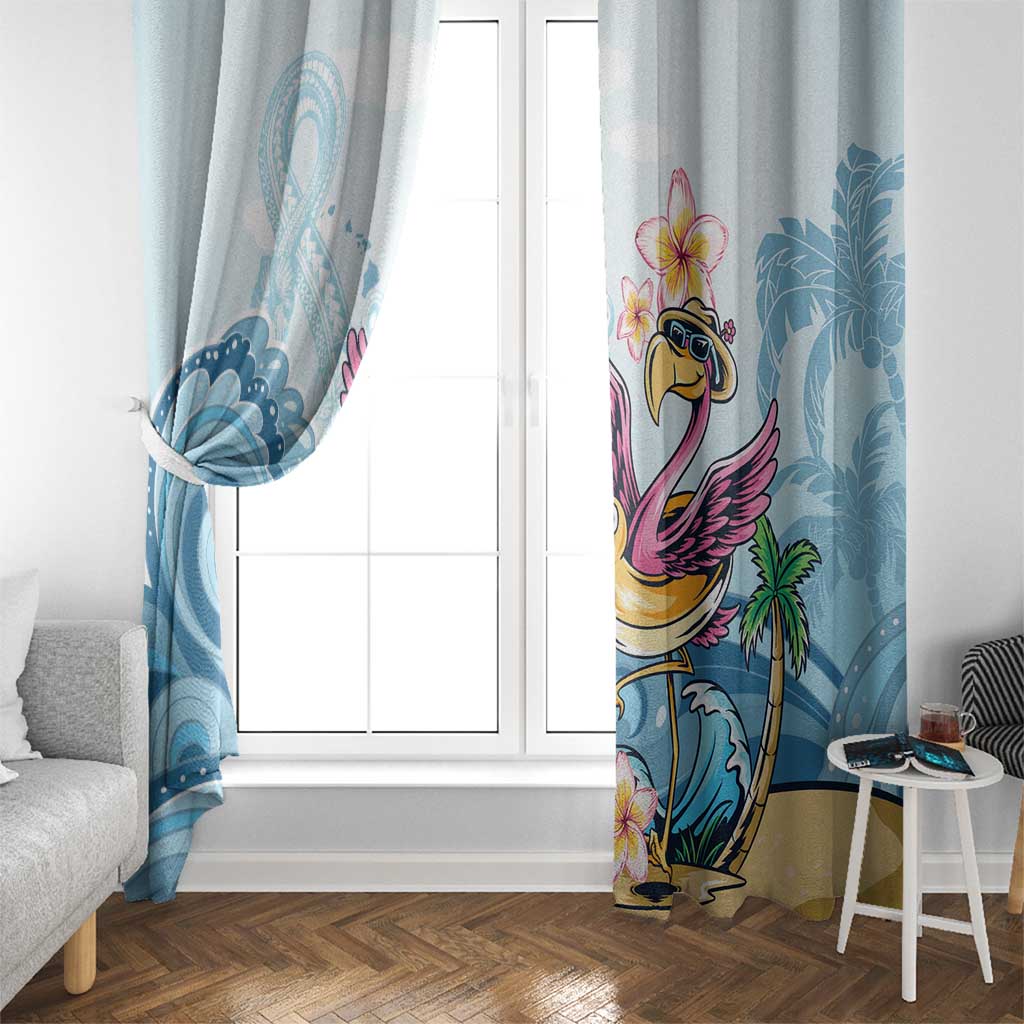 Blue tropical curtain panel with pink flamingo and plumeria flowers, ocean wave patterns