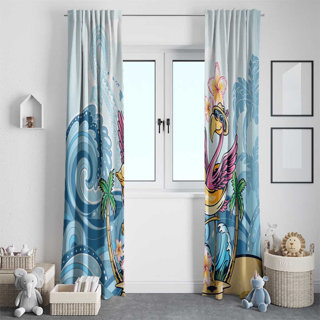 Blue tropical curtain pair with pink flamingo, plumeria flowers, wave swirls and palm plants