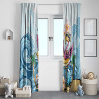 Blue tropical curtain pair with pink flamingo, plumeria flowers, wave swirls and palm plants