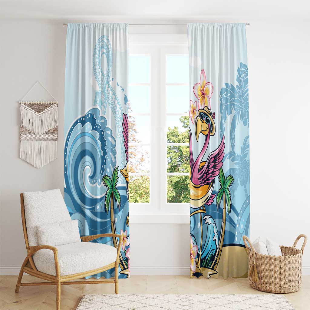 Blue tropical window curtains with pink flamingo, plumeria blossoms, ocean waves and palms