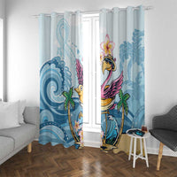 Blue tropical window curtains with pink flamingo and plumeria flowers, wave patterns and palms