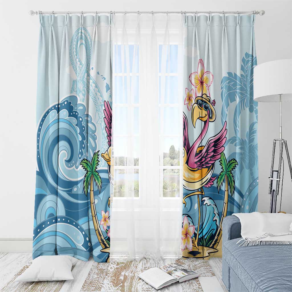 Blue tropical window curtain set with pink flamingo and plumeria blooms, ocean waves and palms