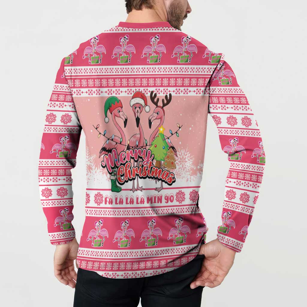 Flamingo Pink Christmas Button Sweatshirt Fa La La La Min Go - Wonder Print Shop