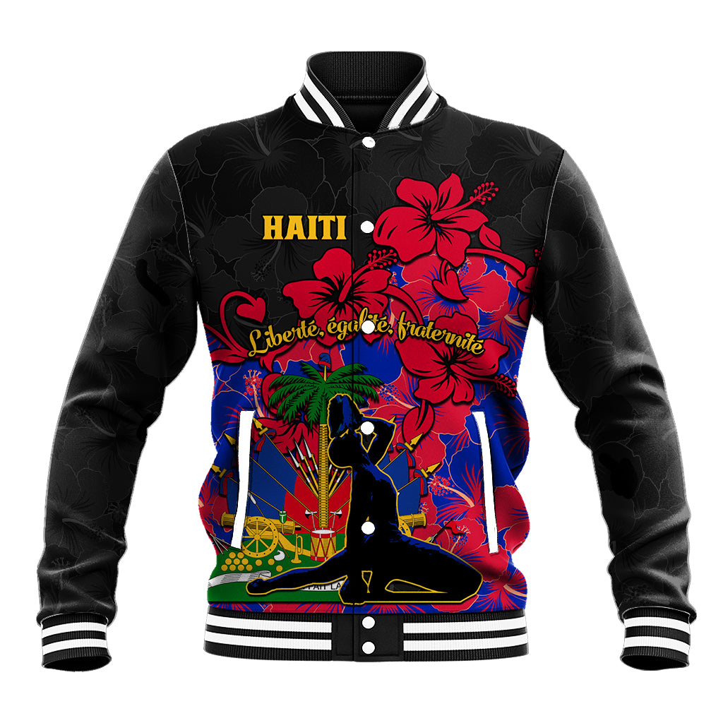 Black baseball jacket with striped collar and bold Haiti-themed graphic front