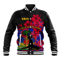 Black baseball jacket with striped collar and bold Haiti-themed graphic front