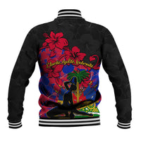Black baseball jacket with striped rib cuffs and large back Haiti-themed artwork