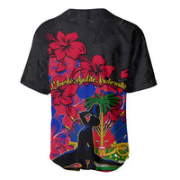 Black baseball jersey with large hibiscus and Haiti slogan graphic on back