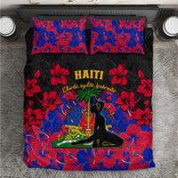Black Haiti bedding set with red/blue hibiscus floral print and central emblem graphic