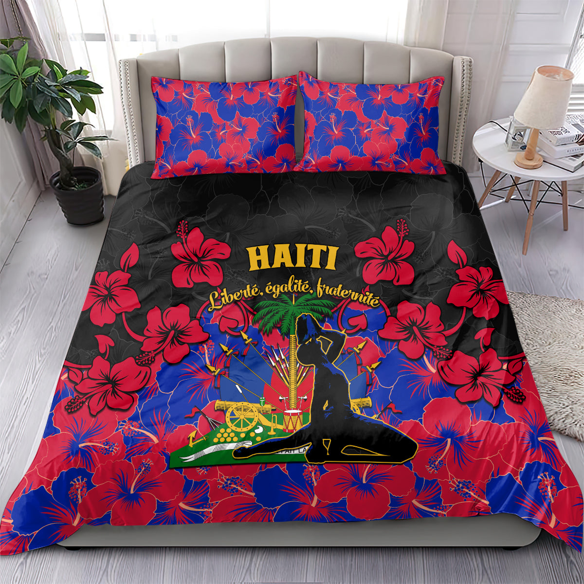 Black Haiti bedding set with two pillows, red/blue hibiscus print and emblem graphic